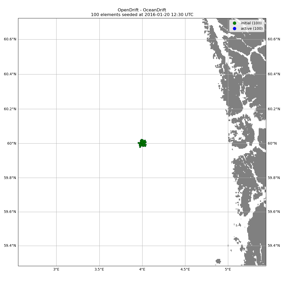 OpenDrift - OceanDrift 100 elements seeded at 2016-01-20 12:30 UTC