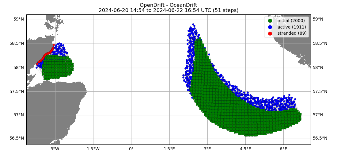 OpenDrift - OceanDrift 2024-05-14 14:28 to 2024-05-16 16:28 UTC (51 steps)